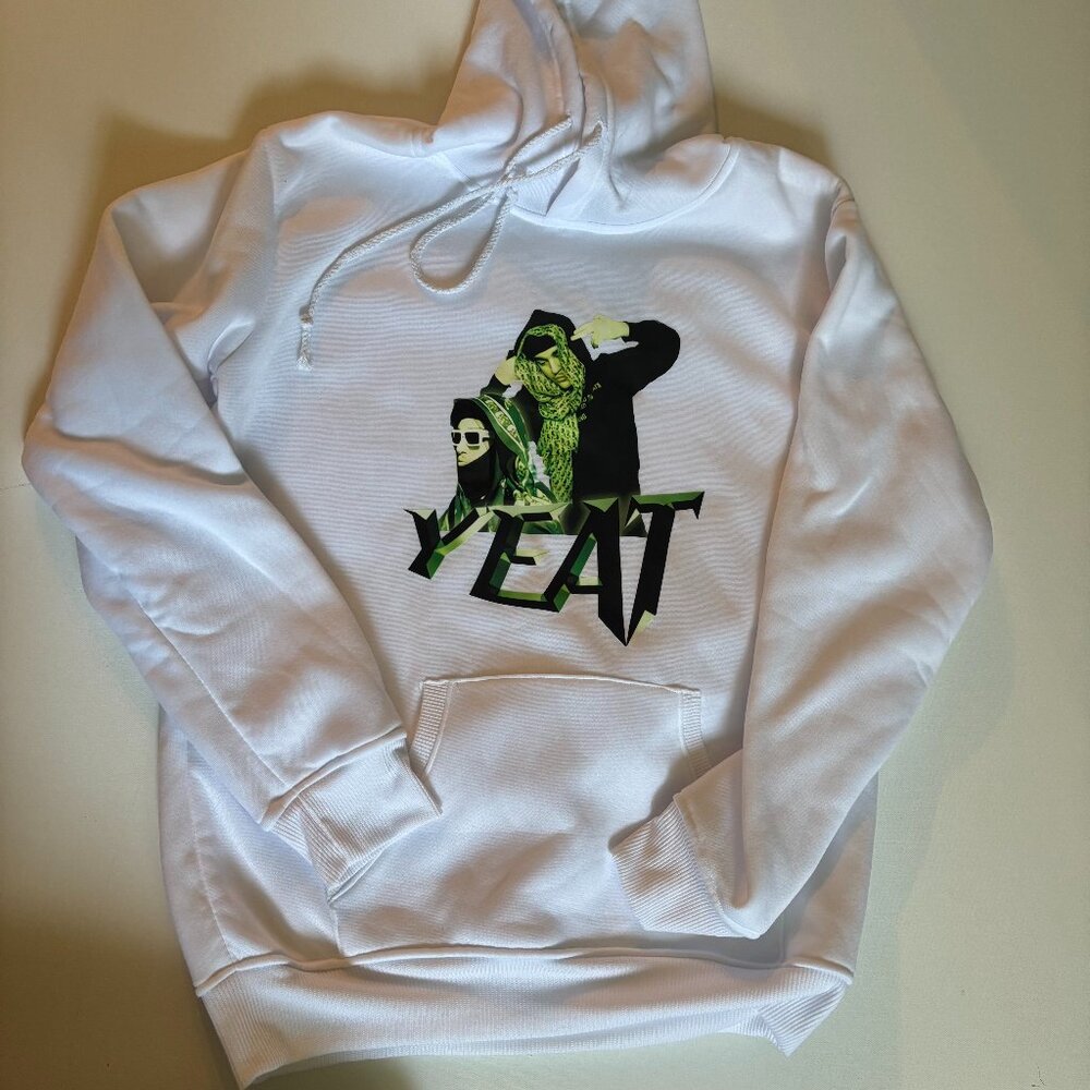 NWOT - White YEAT Graphic Hoodie | Green Print Streetwear Pullover | Size Small